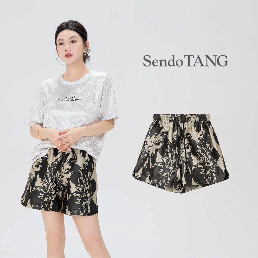 现货【梦泽】胖多家大码女装气质时尚微胖宽松显瘦提花重工短裤