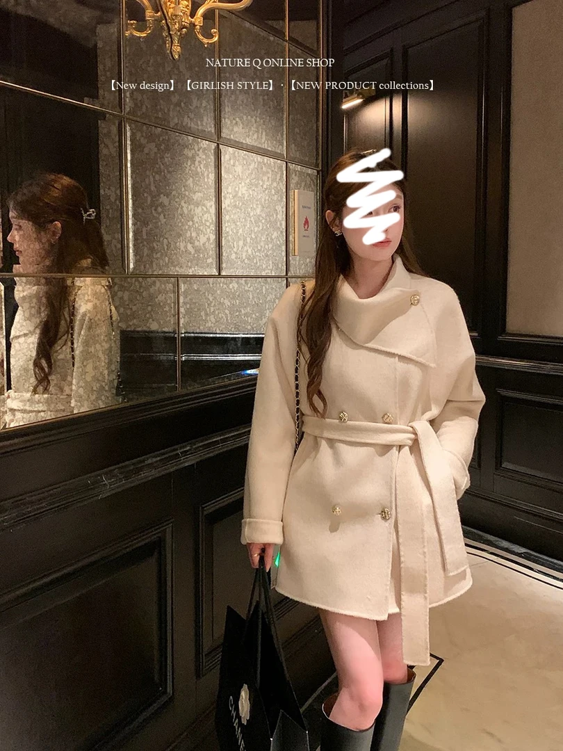 【千金女主】胖mm韩剧女主千金风冬季显瘦围脖领系带毛呢加棉外套