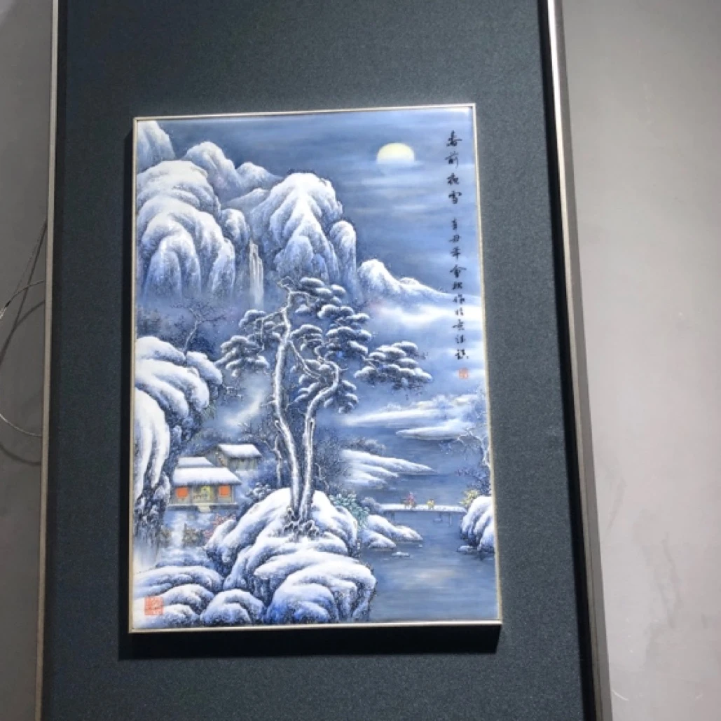 景德镇手工手绘瓷板 釉上彩夜雪景瓷板画