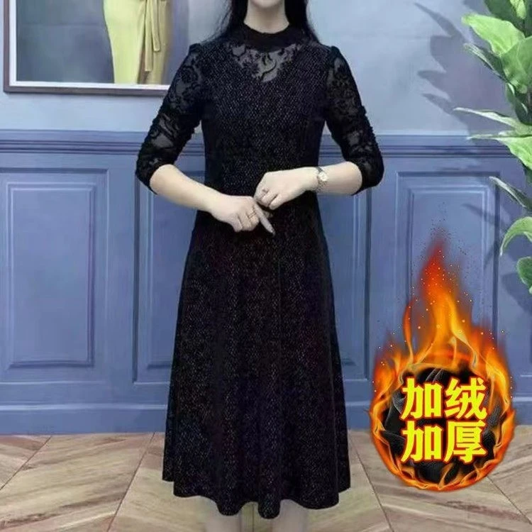 时尚女装加绒加厚女裙连衣裙中年妈妈装长裙40-50岁新款女裙大码