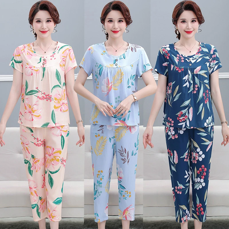 中老年女装夏季棉绸套装印花短袖妈妈装睡衣两件套大码宽松家居服
