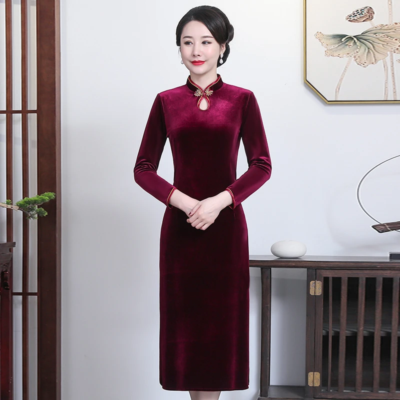 中老年女装长袖旗袍裙洋气妈妈装春装改良版旗袍连衣裙气质女裙