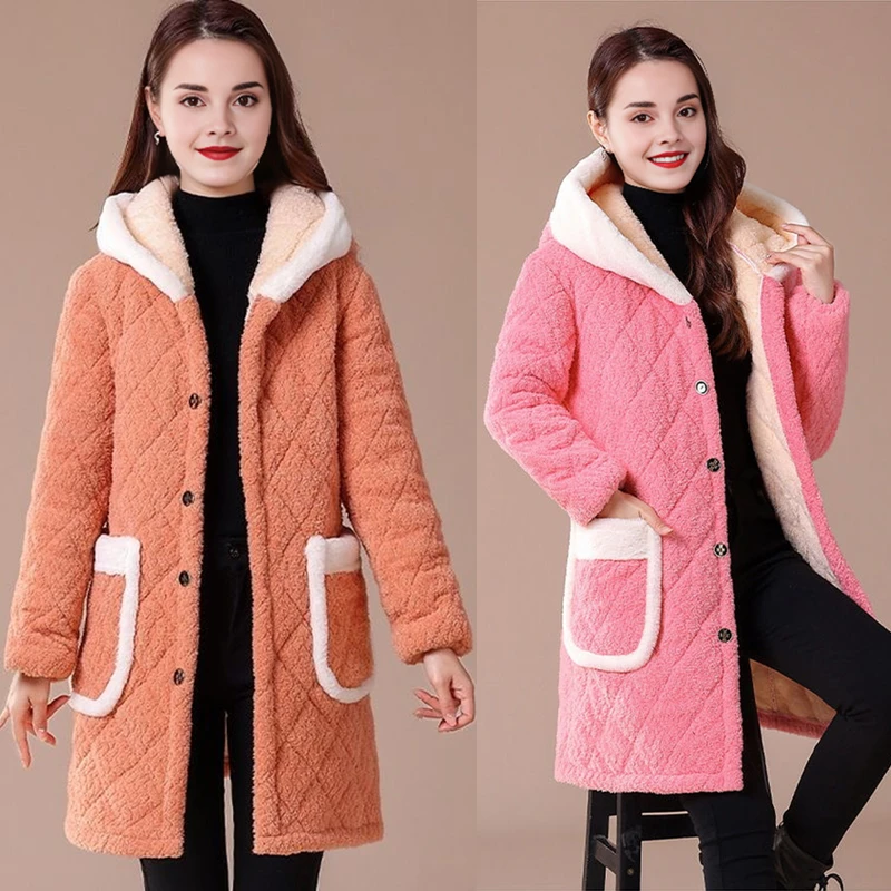 冬季新款中老年女装加绒加厚居家棉衣中长款连帽女装保暖睡衣棉衣