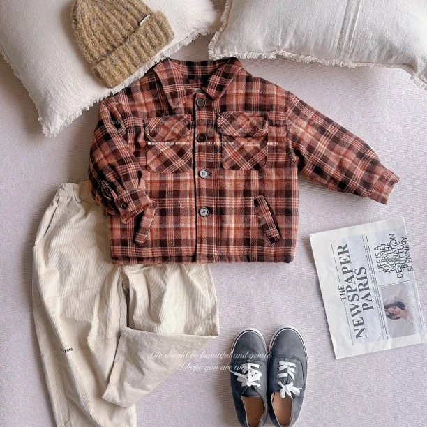 哦哦乐自制 秋冬棉衣衬衫 复古格子桔色