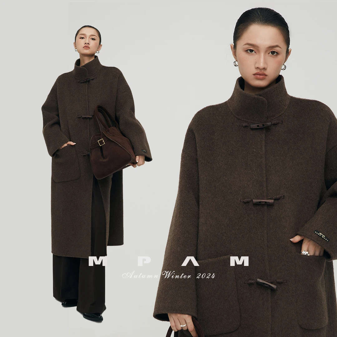 MPAM秋冬木质牛角扣长款大衣女廓形显瘦智性风双面毛呢外套1388