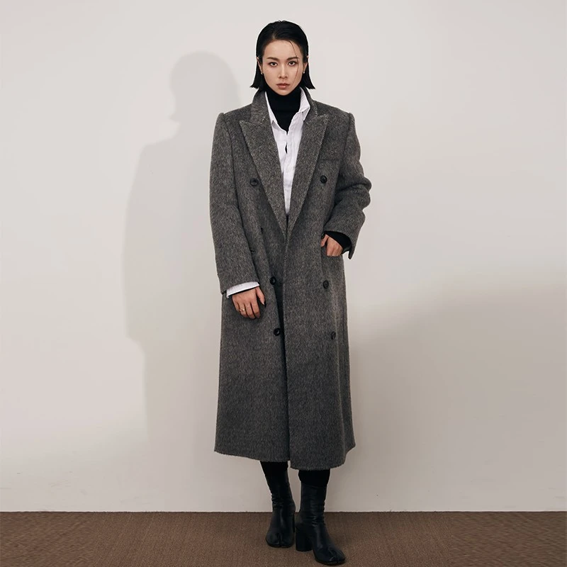 MPAM冬季羊驼毛黑色厚大衣正肩高级感赫本风毛呢外套1179【店铺】