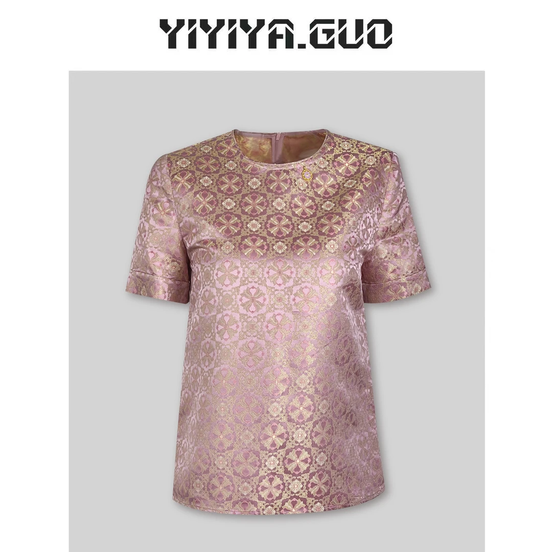 yiyiya.Guo艺艺吖/宋锦·【万福】金粉色圆领上衣20242038