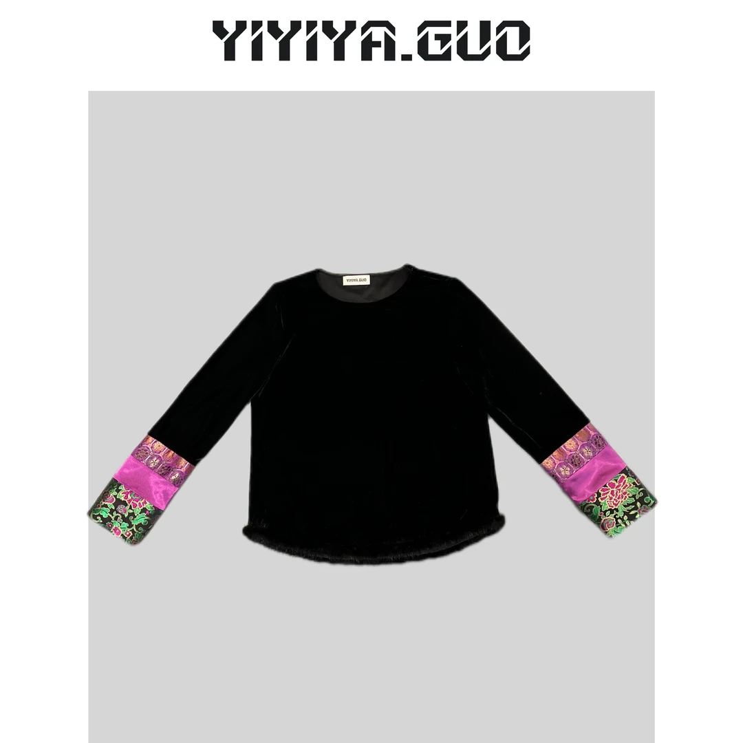 艺艺/YIYIYA.GUO双色长袖拼接宋锦袖口上衣（毛边款）SY0610