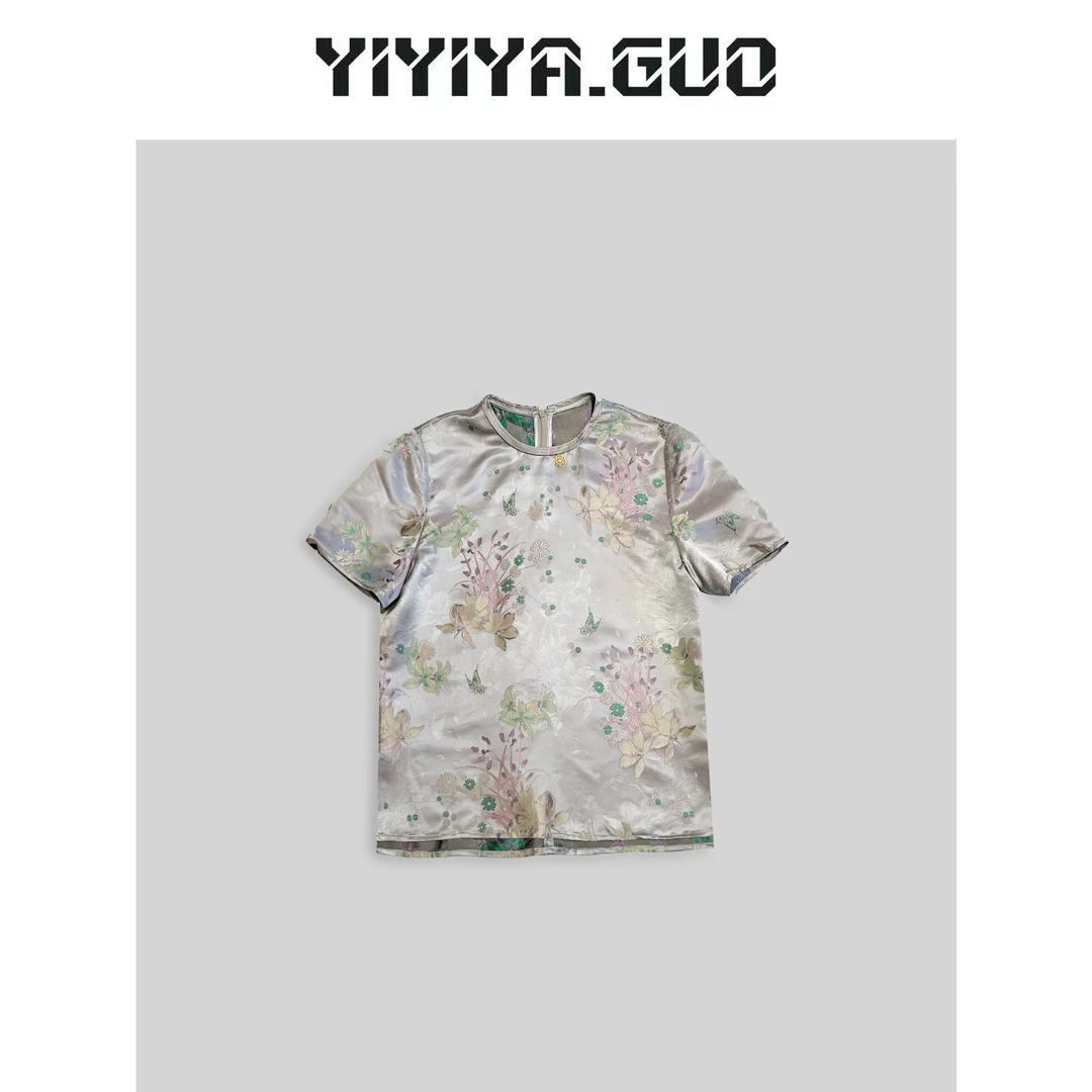 yiyiya.Guo艺艺吖/【花漾】织金宋锦·灰蓝色圆领上衣2024663