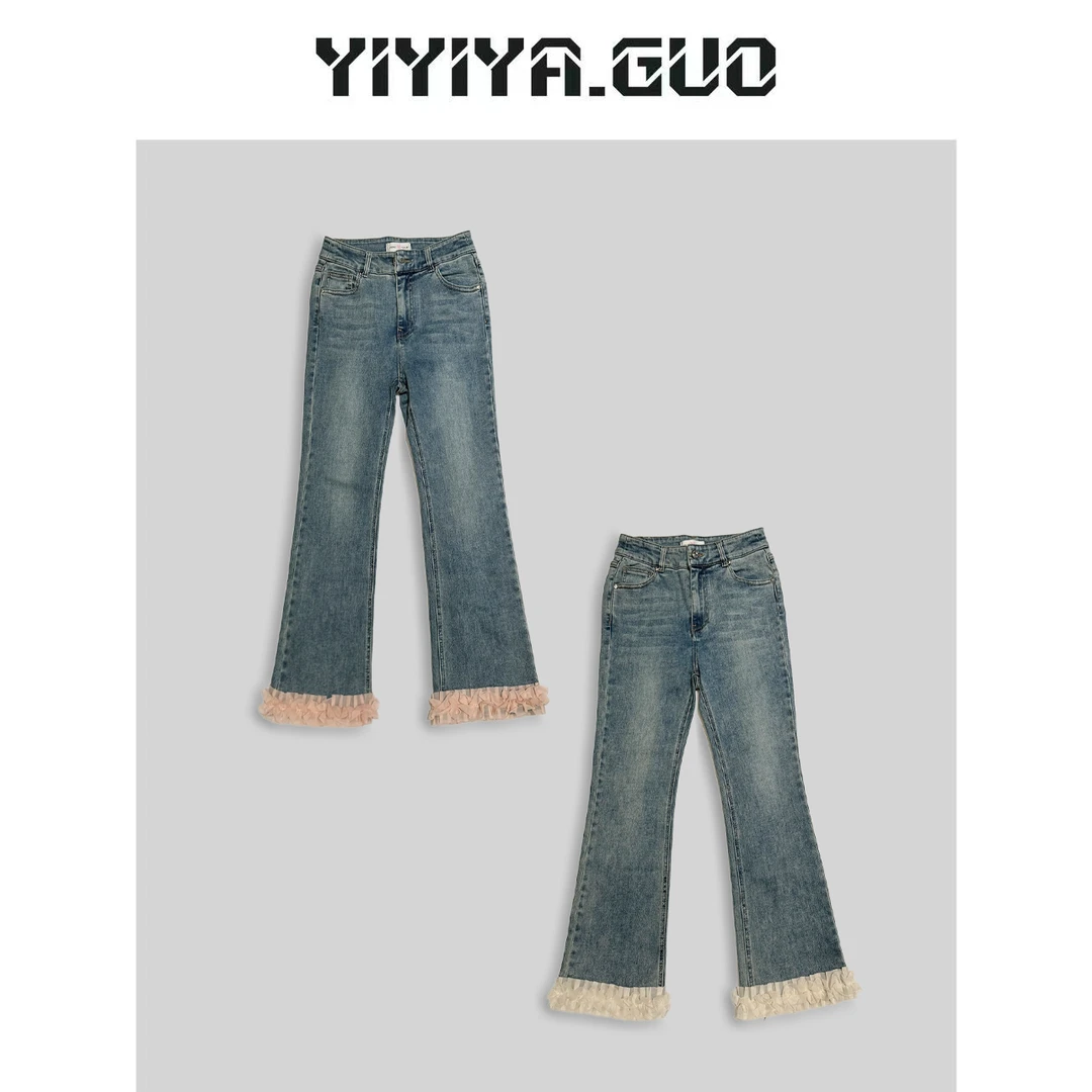 yiyiya.Guo艺艺吖/蓝色弹力拼接纱纱牛仔裤2024424