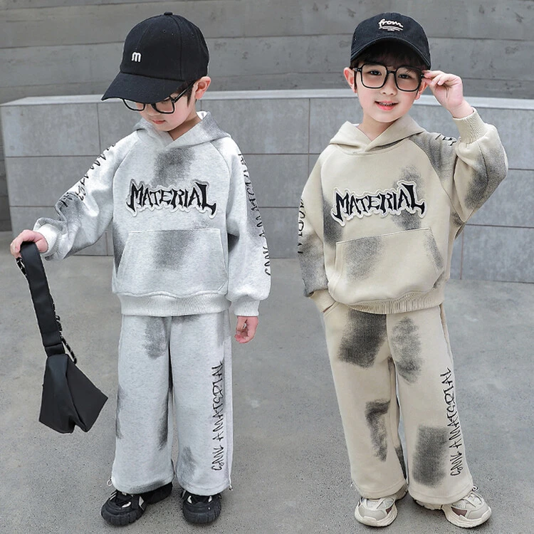 儿童潮酷休闲套装男童春秋宽松两件套连帽卫衣阔腿裤潮童扎染套装