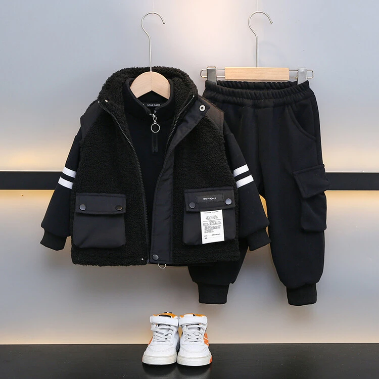 儿童冬款潮酷单件套潮童卫衣卫裤马甲套装男童帅气加绒夹棉套装潮