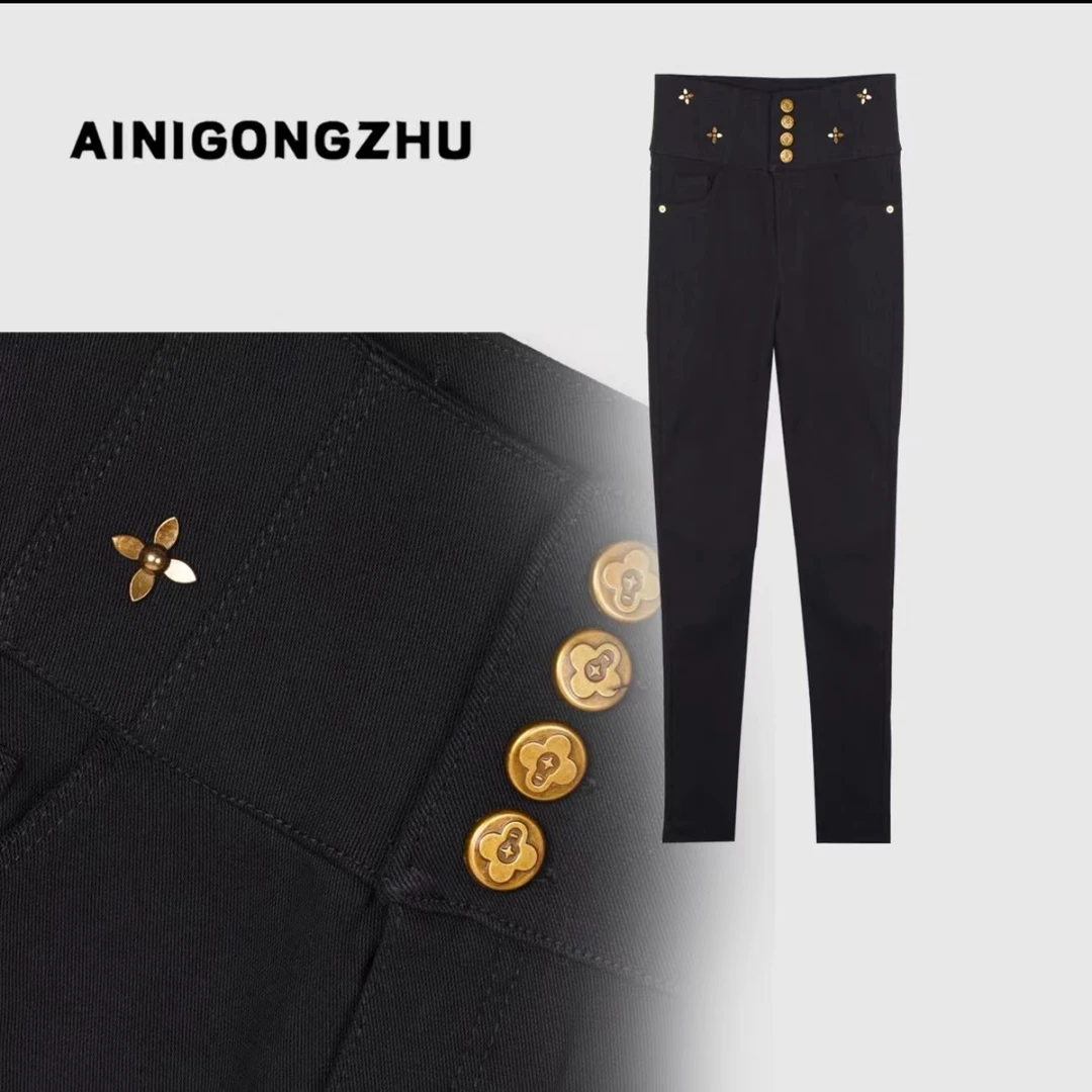 【AINIGONGZHU艾妮公主】加绒加厚长腿特派员高腰小黑裤 111081