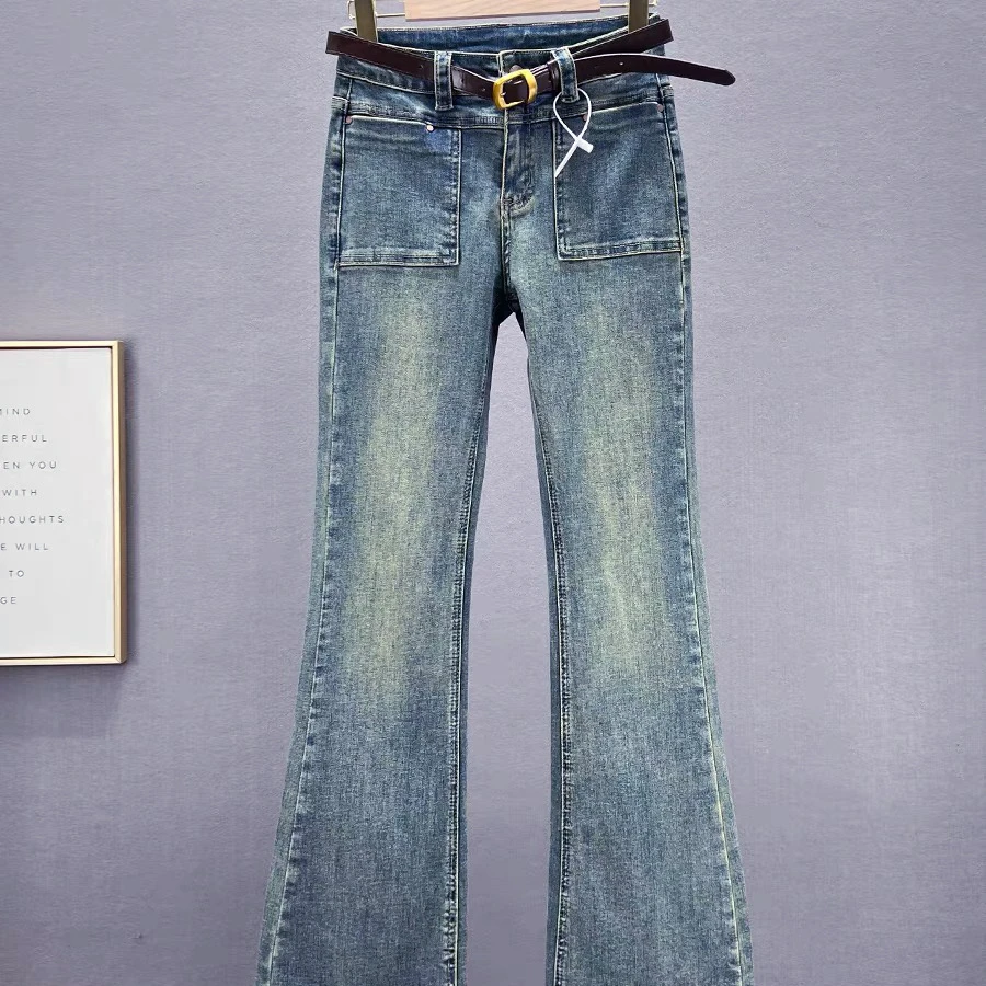 【甜心】新款修身显瘦微喇叭裤HM516525136  复古蓝水洗磨白喇叭裤