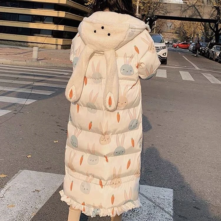 2023新款羽绒服斤特大码甜妹可爱兔耳朵服女冬季新款过膝韩版宽松