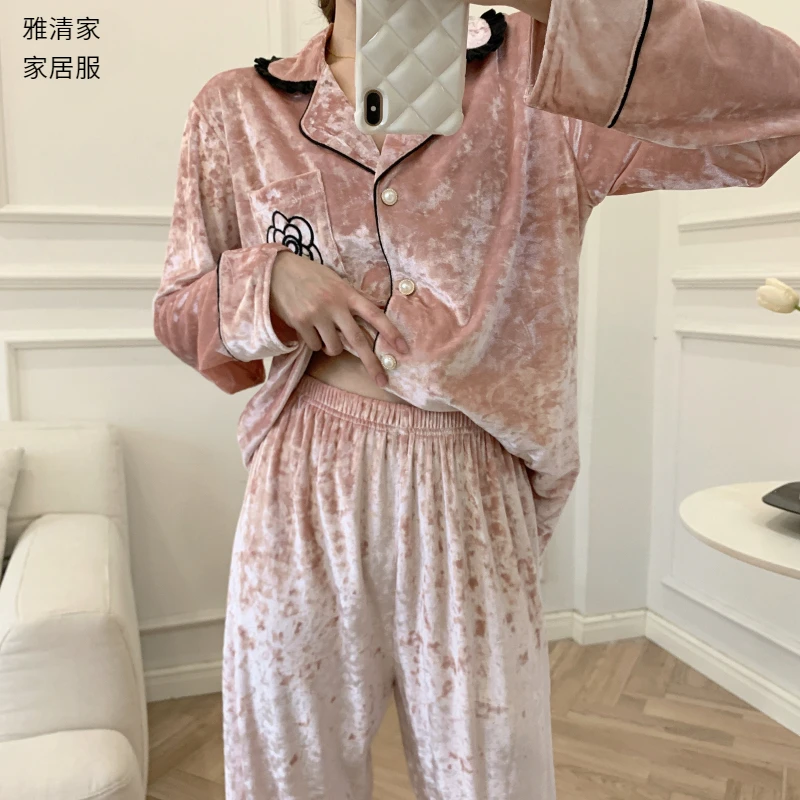 新款钻石绒开衫长袖长裤秋冬季保暖女时尚口袋小花家居服套装外穿