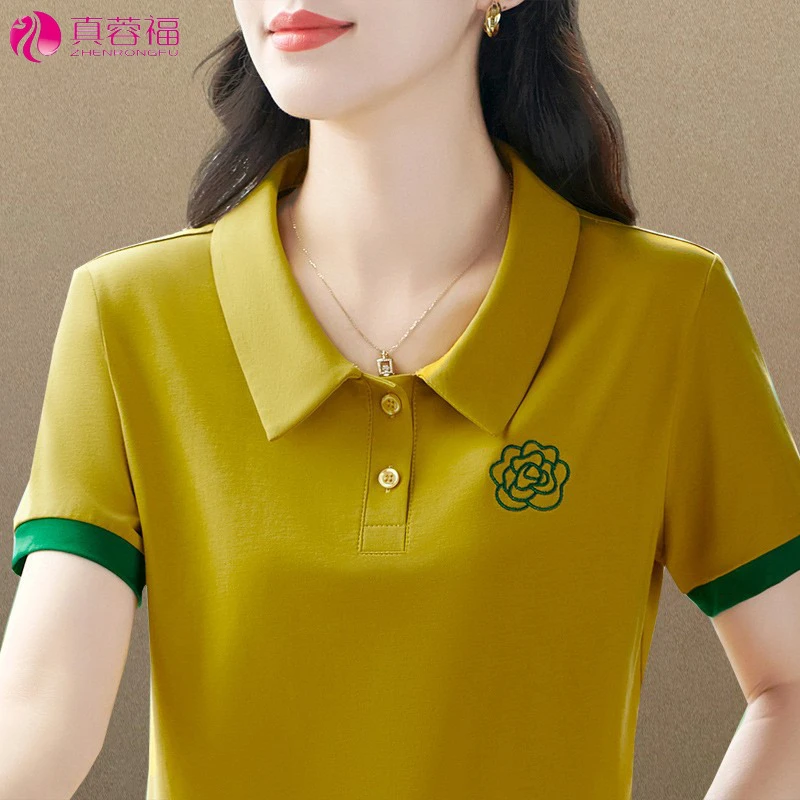 夏季短袖翻领t恤女装2025新款刺绣洋气减龄中年妈妈polo衫休闲潮