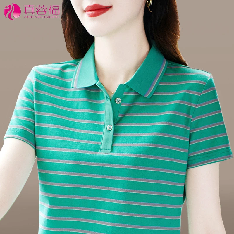 条纹大码短袖T恤女夏季时尚休闲翻领上衣洋气宽松显瘦妈妈POLO衫