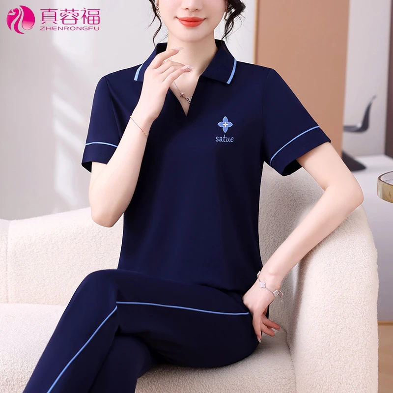 中年妈妈夏装运动服套装2024新款短袖T恤两件套中老年夏季上衣女