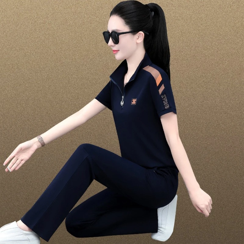 运动套装夏季女2025新款长裤薄款大码跑步透气冰丝休闲立领两件套