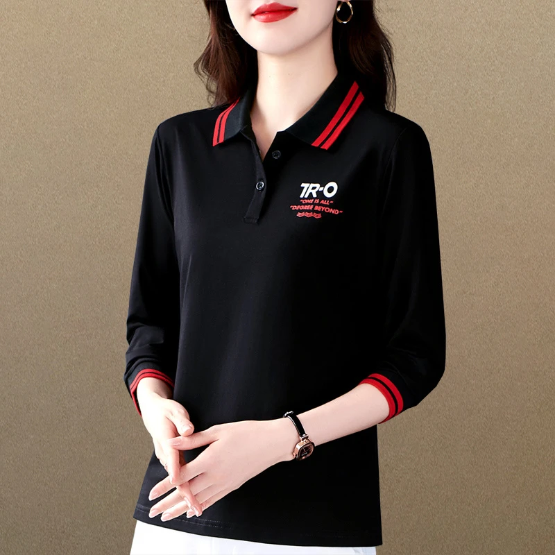 长袖polo衫t恤女春秋2025新款妈妈装刺绣宽松中年人翻领减龄上衣