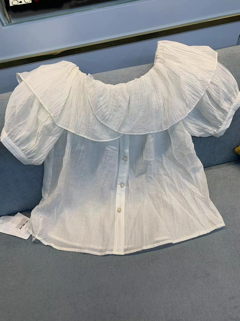 夏季新款女2024时尚减龄娃娃领上衣宽松泡泡袖气质短袖一字肩衬衫