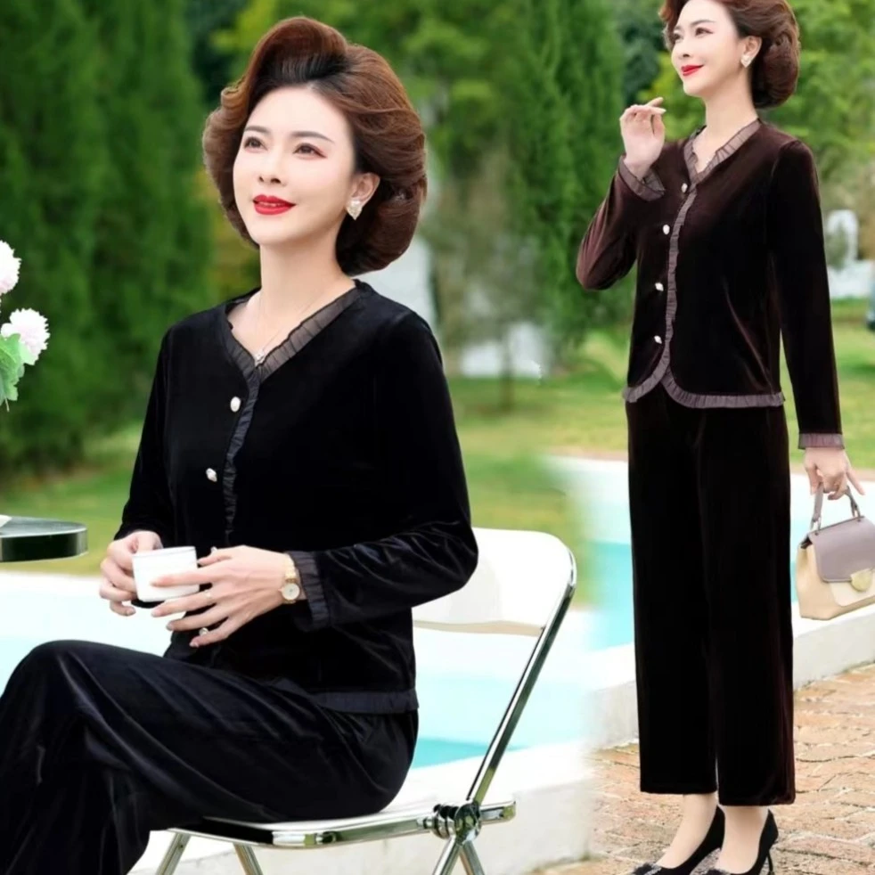 新款妈妈时尚金丝绒套装显瘦气质50岁40中老年女装高档洋气两件套
