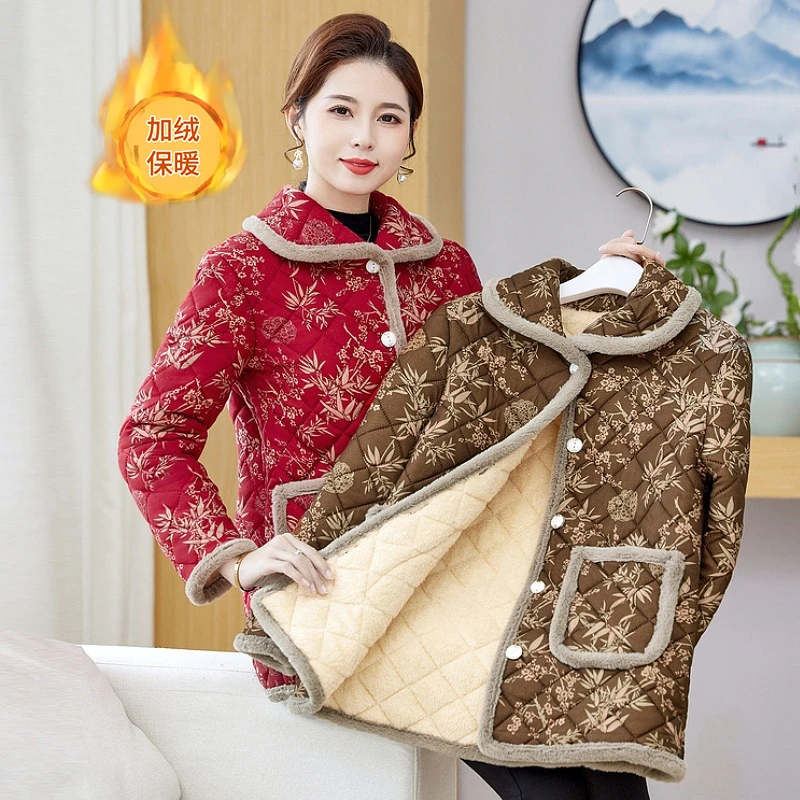 中老年女装翻领单排扣保暖棉衣中年人妈妈装厚款外套大码加绒棉服