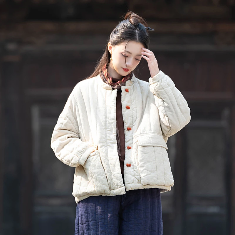 25棉麻文艺复古拼色盘扣宽松压条立领短款棉袄女亚麻夹棉加厚棉衣