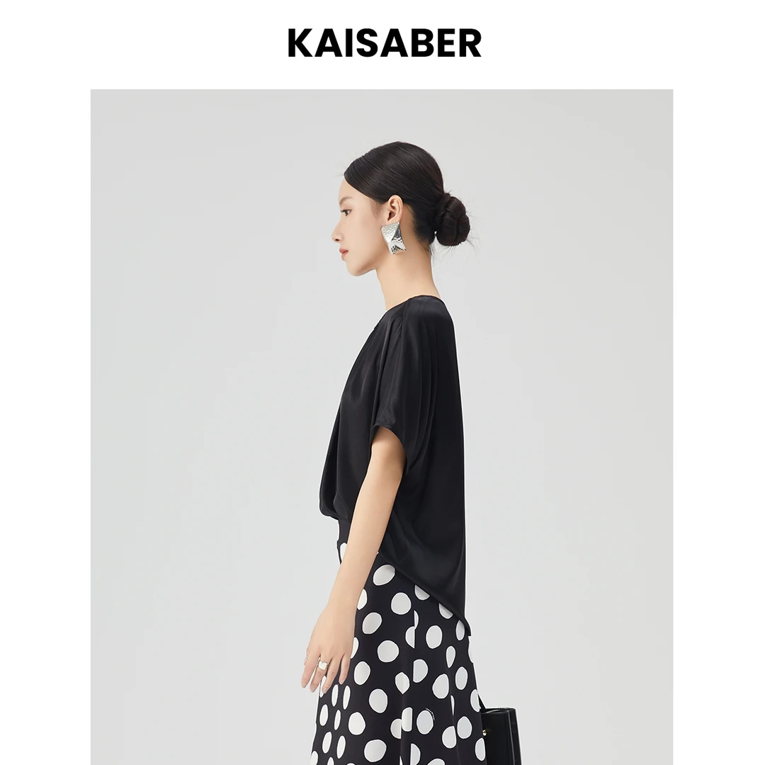 【6A桑蚕丝】轻奢真丝弹力缎衬衫圆领短袖黑色夏季时尚女士上衣6010