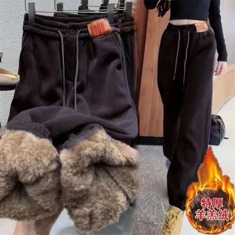 欧货灯芯绒哈伦裤女新款2023秋冬外穿加绒加厚胖mm休闲束脚裤潮