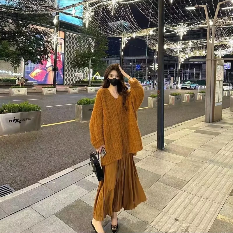 韩版秋冬新款气质v领宽松慵懒风重工长袖毛衣上衣半身裙两件套女