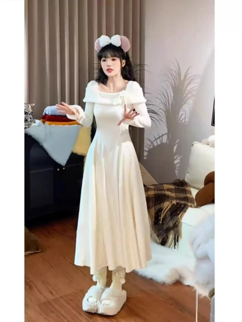 【深秋初冬】法式千金一字领拼接蝴蝶加绒连衣裙气质收腰显瘦长裙女