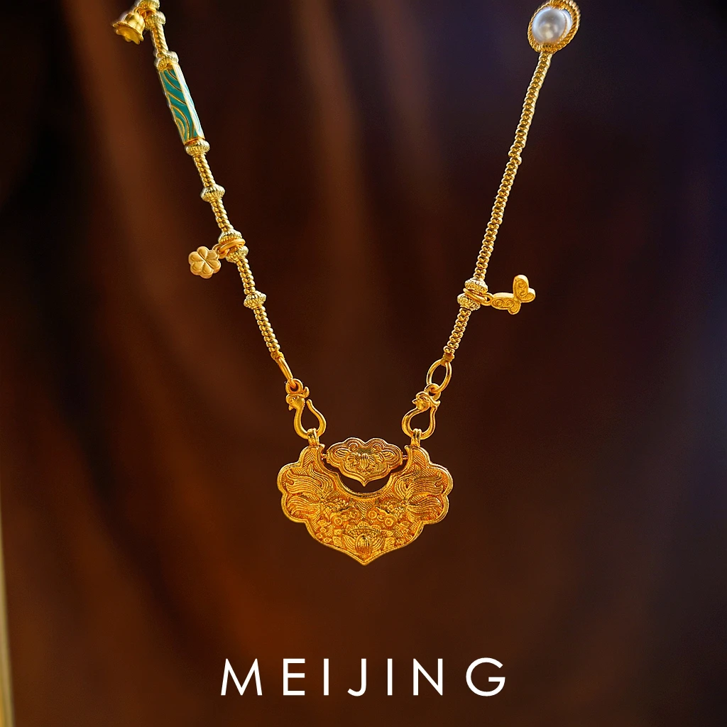 黄铜仿珍珠项链 【如你所愿】新中式古风气质复古金双鲤莲花如意锁