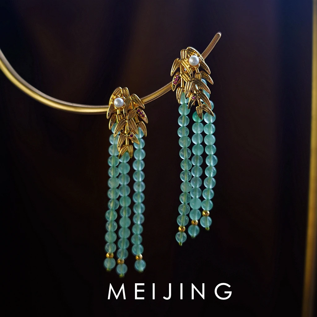 黄铜莫桑石耳饰 【竹中行】新中式大气复古竹叶串珠流苏双色耳环