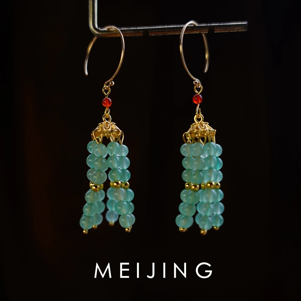 黄铜珐琅耳饰 【华清引】古典小众清新田园风长款流苏碧珠耳环