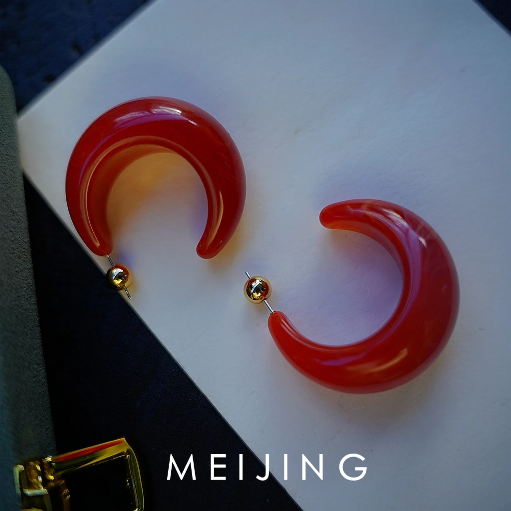 黄铜亚克力耳饰 【橘子酱】秋冬复古精致橘红色月牙形耳环小众个性