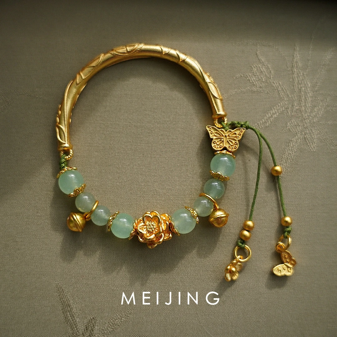 铜合金珐琅手链 【遇见青山】新中式小众福管蝴蝶莲花铃铛福管半镯