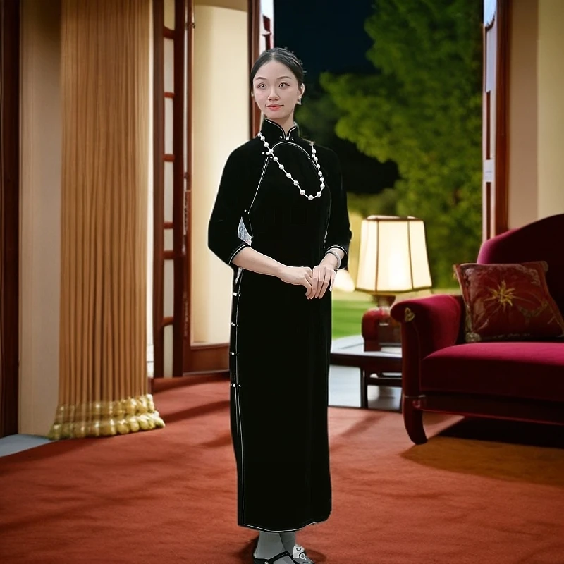 上海鉴界传统中国风旗袍温剪月色真丝丝绒手工新中式旗袍