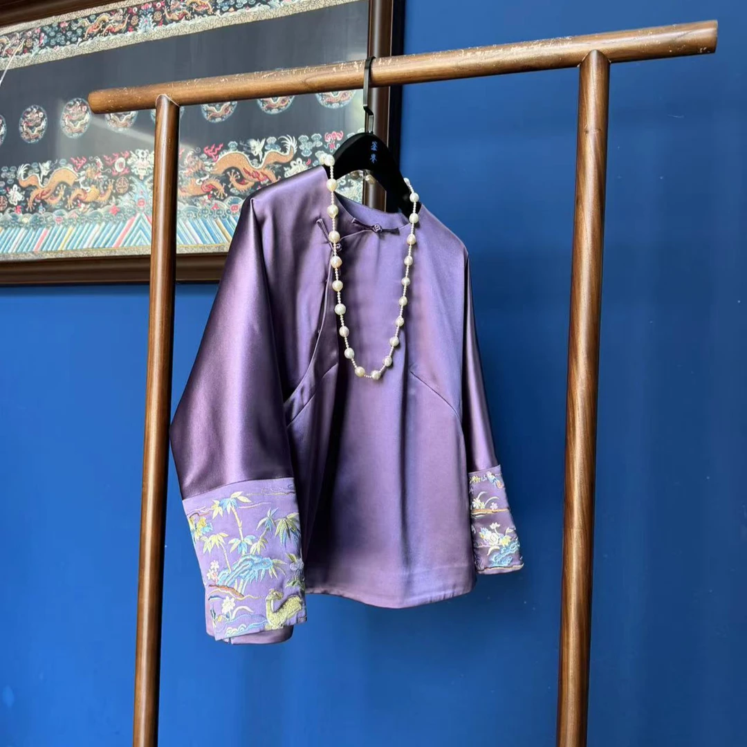 传统中式暮雪桑蚕丝绣花打底新中式衬衫中国风重工刺绣