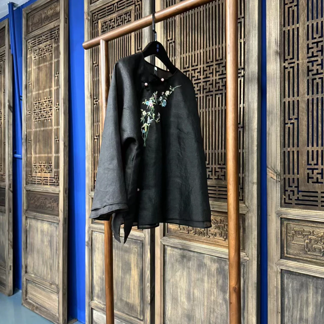 传统中式国风上衣墨染花舞双层非遗莨绡刺绣新中式上衣