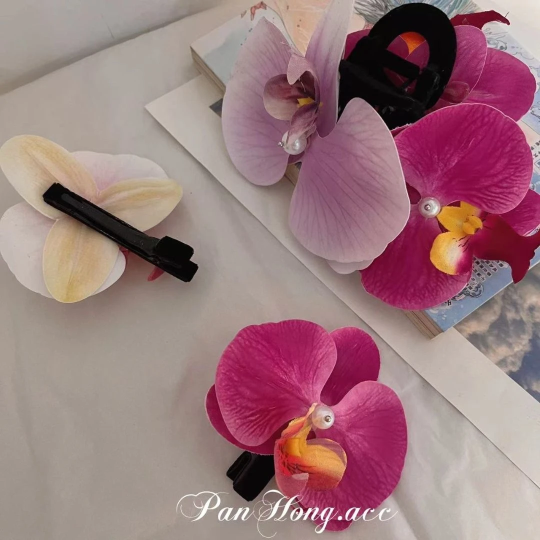 法式仿真蝴蝶兰发夹超仙立体绢花手工发饰民族风舞蹈写真表演配饰