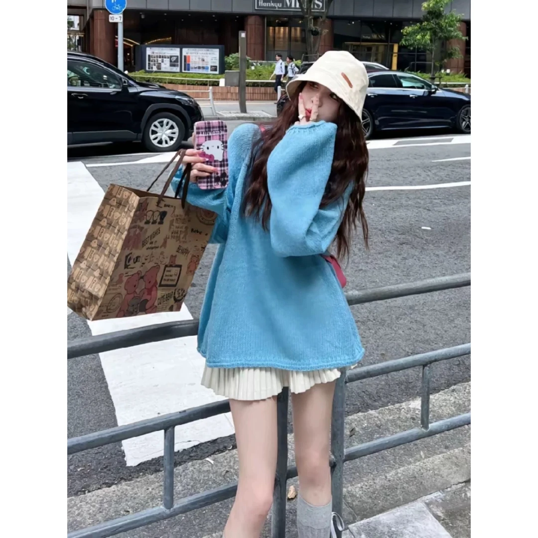 韩系复古慵懒风圆领套头蓝色毛衣女秋季新款洋气显瘦宽松别致上衣