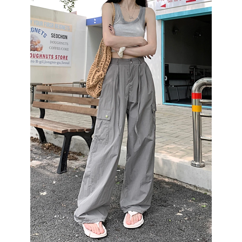 甜酷工装裤美式休闲裤女装夏季新款高腰直筒设计感阔腿裤小个子裤