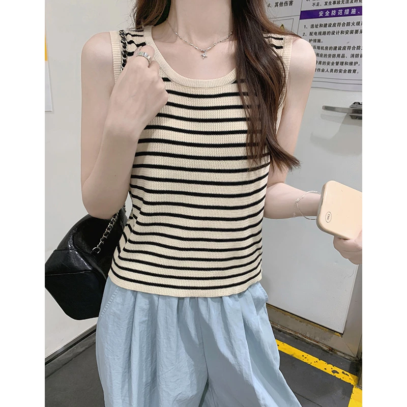 韩系冰丝条纹圆领针织无袖宽松背心上衣女夏季百搭短款女背心打底