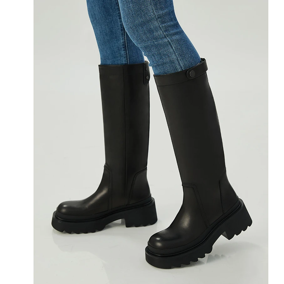 深呼吸骑士靴高筒一脚蹬牛皮马靴增高厚底复古长靴