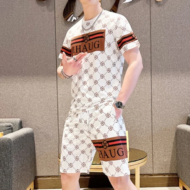 X夏季男士轻奢时尚潮流上衣短裤套装薄款百搭潮牌痞帅t恤洋气印花