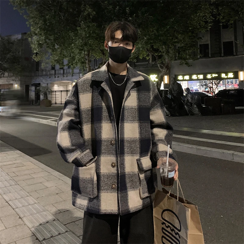 格子毛呢大衣男秋冬短款小众设计感复古休闲潮牌撞色情侣呢子外套