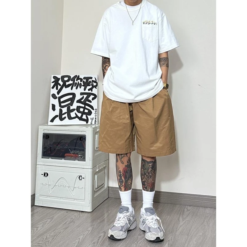 卡其色工装短裤男款夏季宽松运动休闲裤子潮牌直筒阔腿过膝五分裤