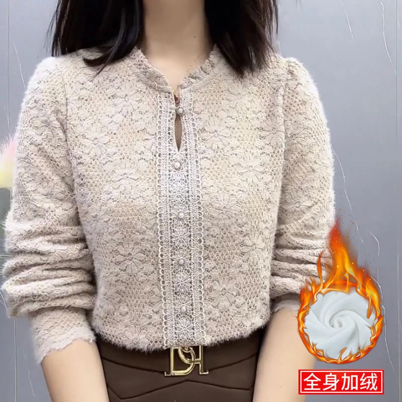 加绒加绒蕾丝打底衫女2024秋冬新款时尚百搭保暖女士长袖上衣女装